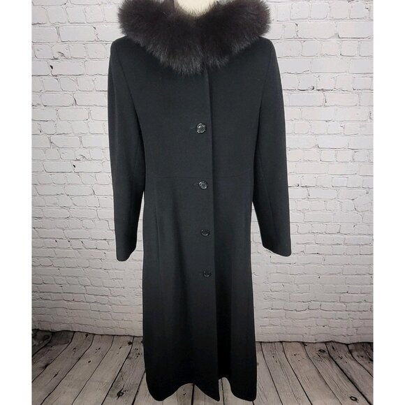 VTG Steve By Searle Black Italian Wool Fox Fur Trim Hooded Coat USA Made Size 6 - Picture 1 of 16